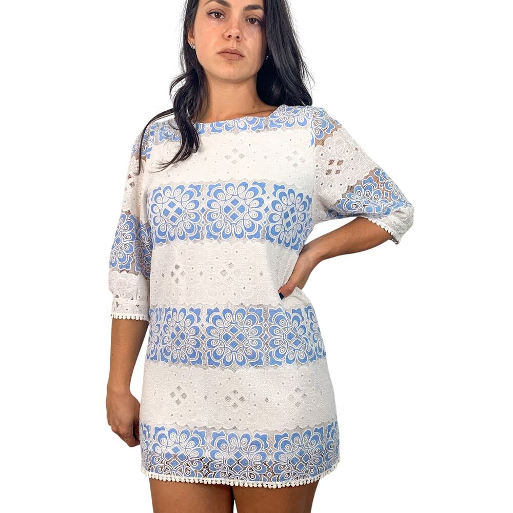 Elf Sack White & Blue Lace Mini Dress